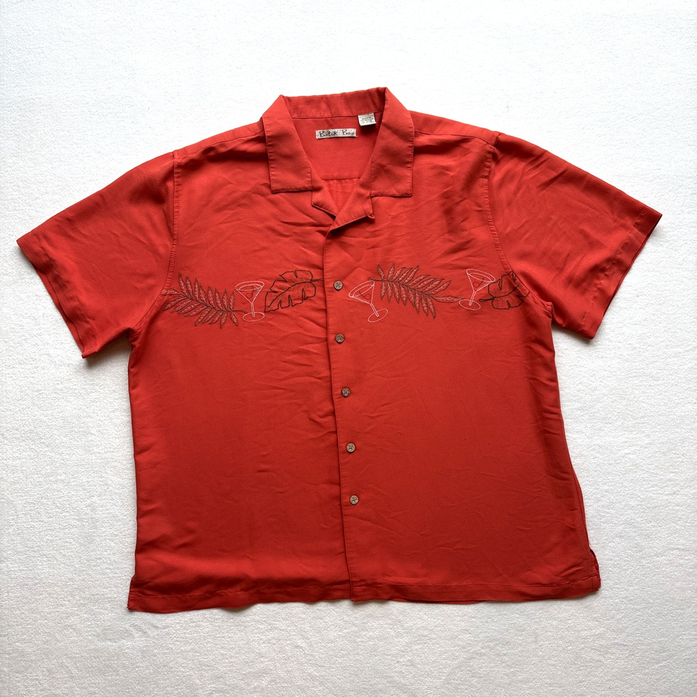Batik Bay Men Size XL Hawaiian Shirt Orange Embroidered Martini Glass Leaves VTG